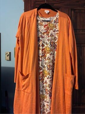 LuLaRoe Orange Open-Front Cardigan with Pockets and matching dress.